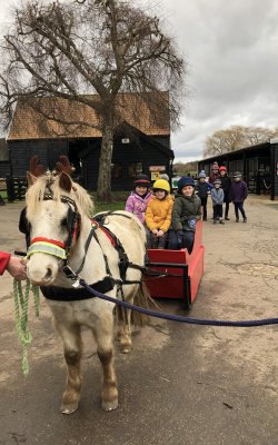 Pony pulling a red sleigh with children riding in it