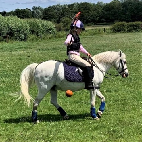 Child riding a pony carrying a polocrosse net